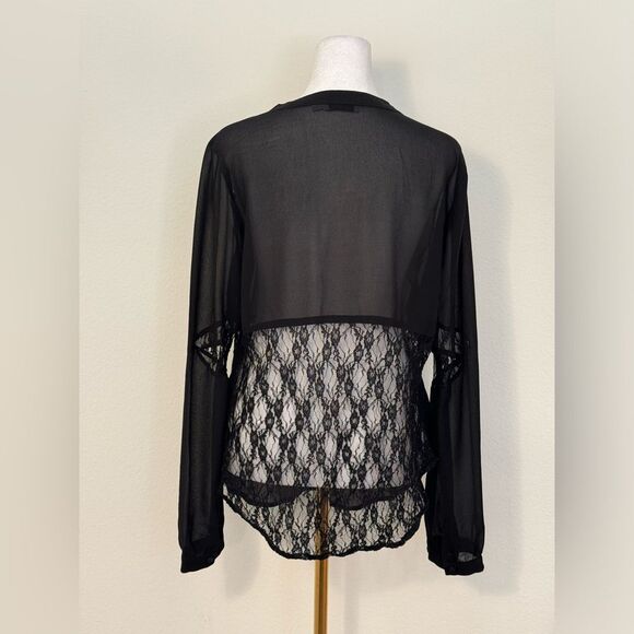 Anthropologie Lush Black Long Sleeve Sheer Top Lace Accents Women’s Size Medium - Picture 2 of 15